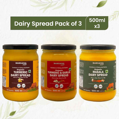 Barsana Magic and Three jars of Barsana Dairy Spread on a white background with a green banner at the top.