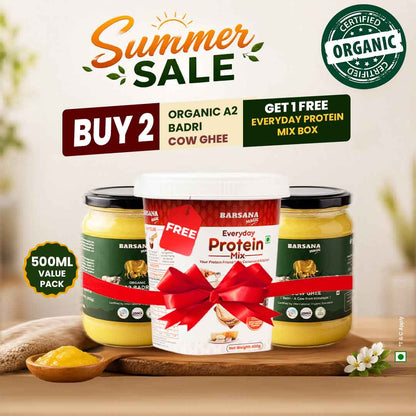 Barsana Magic and Promotional image of organic products with a 'Summer Sale' offer on a wooden surface.