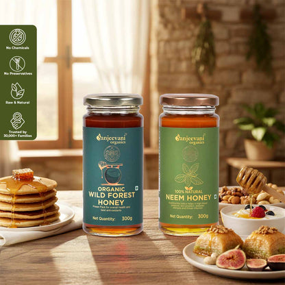 Barsana Magic and Two jars of Sanjeevani  honey on a table with food items and a window in the background.