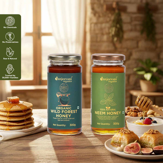 Barsana Magic and Two jars of Sanjeevani  honey on a table with food items and a window in the background.