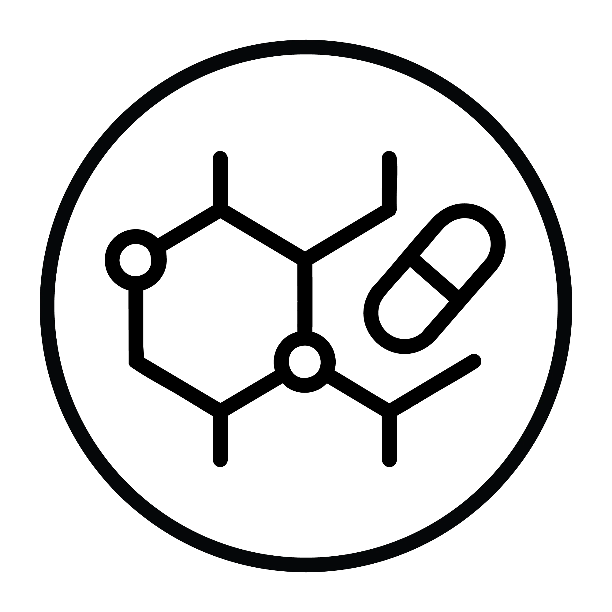 Barsana Magic and Protein Molecular structure icon with a circular outline on a white background