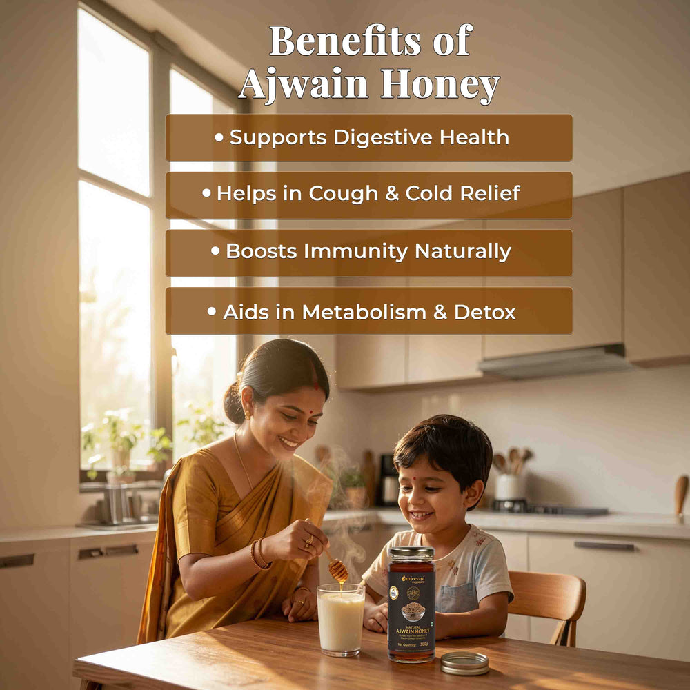 Barsana Magic and Woman and child in a kitchen with Ajwain honey, highlighting its benefits.