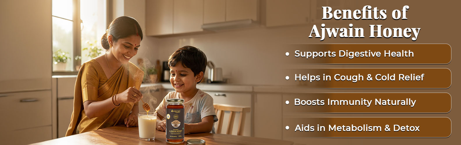 Barsana Magic and Woman and child in a kitchen with Ajwain honey, highlighting its benefits.