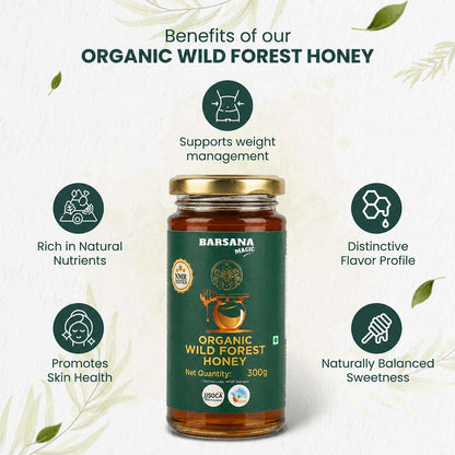 Barsana Magic and A jar of Barsana Magic Organic Wild Forest Honey centered on a light textured background with decorative leaves. Surrounding text highlights benefits such as weight management, natural nutrients, skin health, and balanced sweetness.