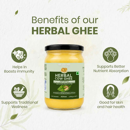 Barsana Magic and A jar of Maharashtradi Herbal Cow Ghee centered on a light textured background with decorative leaves and green text reading 'Benefits of our HERBAL GHEE.' Four circular icons around the jar highlight purported benefits: boosts immunity, better nutrient absorption, traditional wellness, and skin/hair health.
