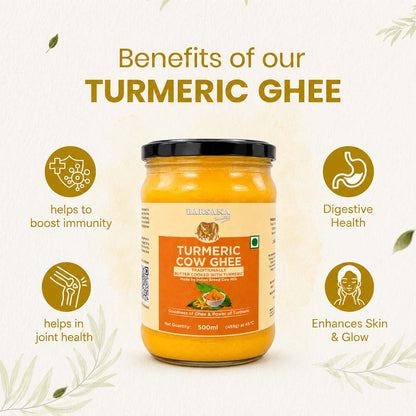 Barsana Magic and A jar of Turmeric Ghee centered on a light cream background with decorative leaves and text highlighting benefits: helps to boost immunity, digestive health, joint health, and skin glow. The label reads Turmeric Cow Ghee and shows the brand as Badrinath.