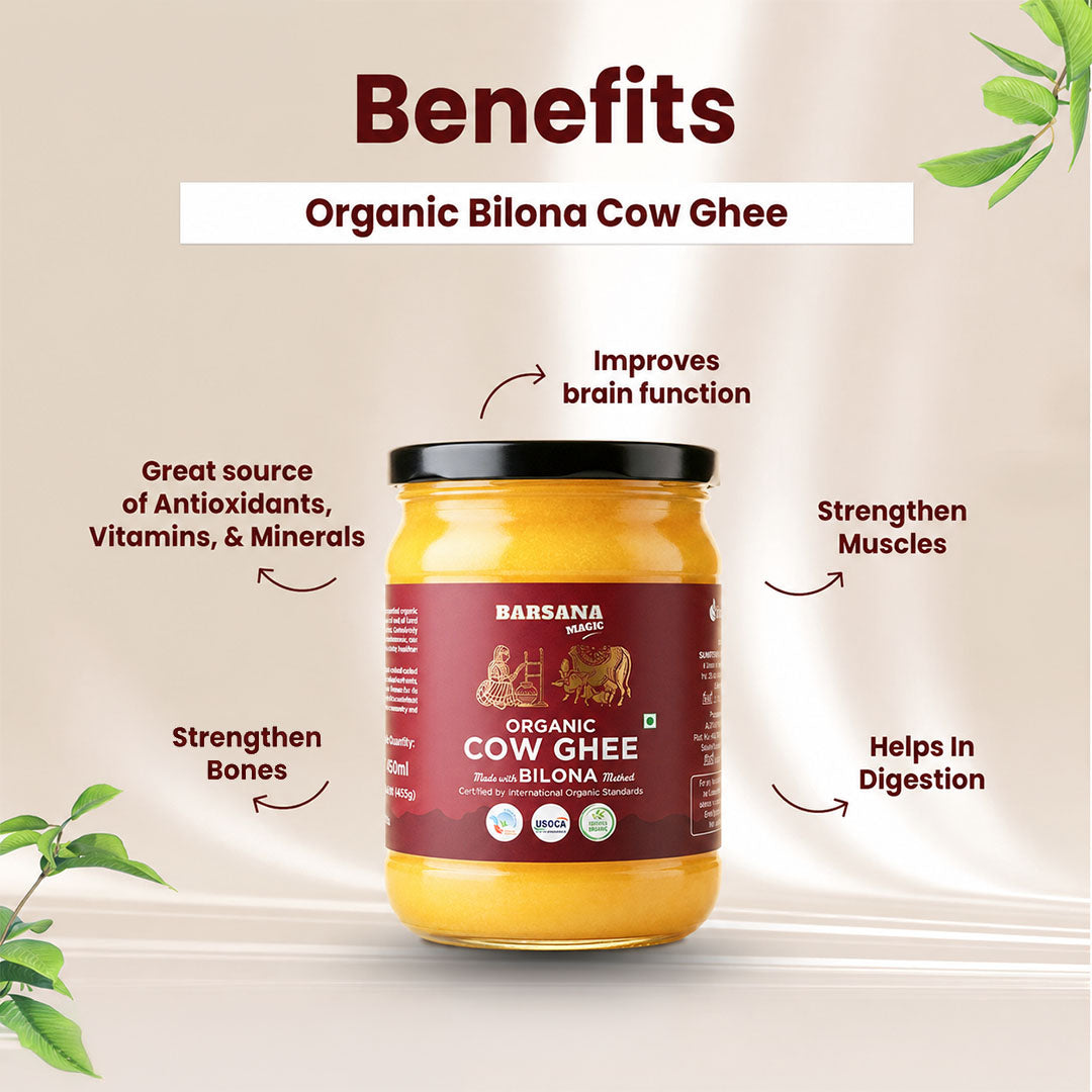 Barsana Magic and A jar of Barsana Organic Cow Ghee centered on a beige background with decorative leaves in the corners and text highlighting health benefits such as improving brain function, strengthening muscles, bones, and digestion.