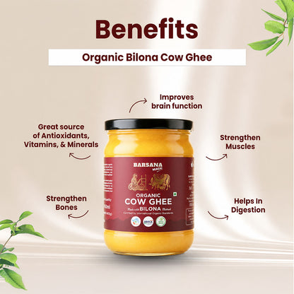Barsana Magic and A jar of Barsana Organic Cow Ghee centered on a beige background with decorative leaves in the corners and text highlighting health benefits such as improving brain function, strengthening muscles, bones, and digestion.