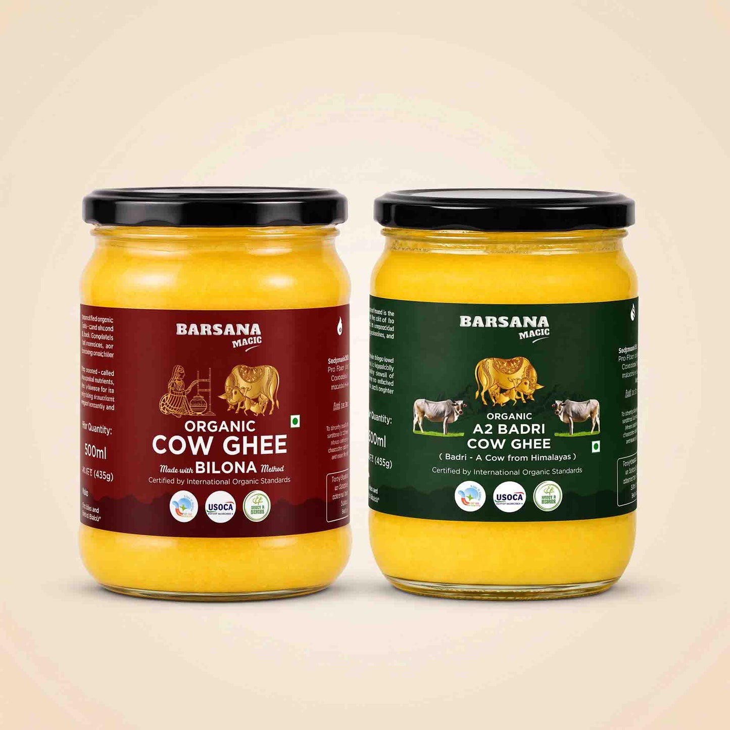 Barsana Magic and Two glass jars of Barsana Magic cow ghee on a light beige background. The left jar has a maroon label for Organic Cow Ghee and the right jar has a dark green label for Organic A2 Badri Cow Ghee, both filled with yellow ghee and topped with black lids.