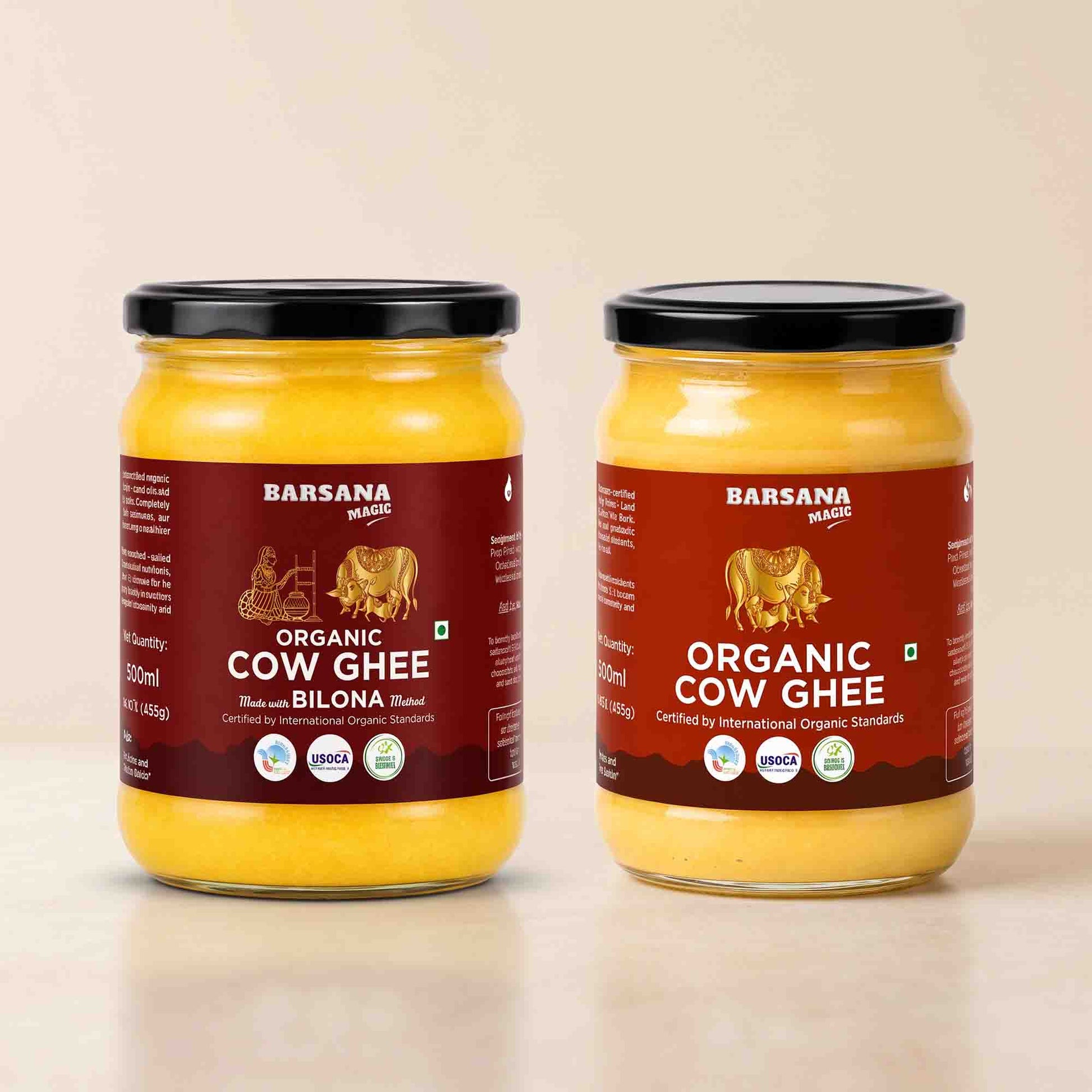 Barsana Magic and Two glass jars of Barsana Magic Organic Cow Ghee (Bilona Mal) with black lids, displayed side-by-side on a light beige background.