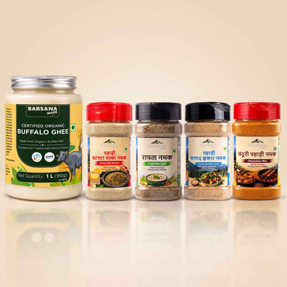 Organic Buffalo Ghee 1l + Himalayan Pahadi Namak Pack of 4