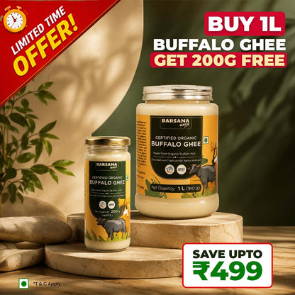 Barsana Magic and Jars of Barsana Buffalo Ghee with promotional text on a wooden surface