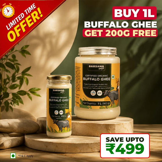 Barsana Magic and Jars of Barsana Buffalo Ghee with promotional text on a wooden surface