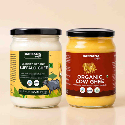 Barsana Magic and Two glass jars of  organic ghee on a light beige background. The left jar contains Certified Organic Buffalo Ghee with a yellow and green label, and the right jar contains Organic Cow Ghee with a red and brown label.