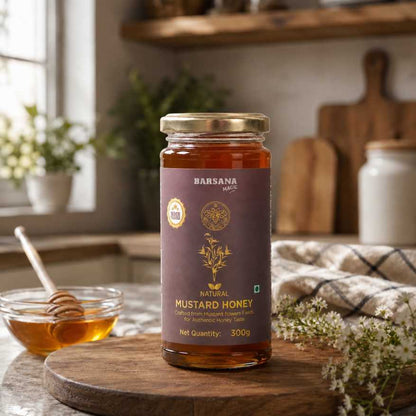 Barsana Magic and Jar of Mustard Honey on a wooden table with a kitchen background