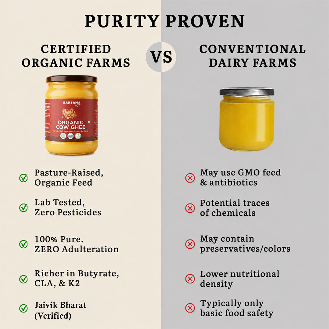 Barsana Magic and An infographic comparison titled 'PURITY PROVEN' comparing 'CERTIFIED ORGANIC FARMS' and 'CONVENTIONAL DAIRY FARMS' using a side-by-side layout. The left side shows a jar of Gaurav Organic Cow Ghee on a light beige background with green checkmarks listing benefits, while the right side shows a jar of yellow milk powder on a gray background with red X marks listing drawbacks.