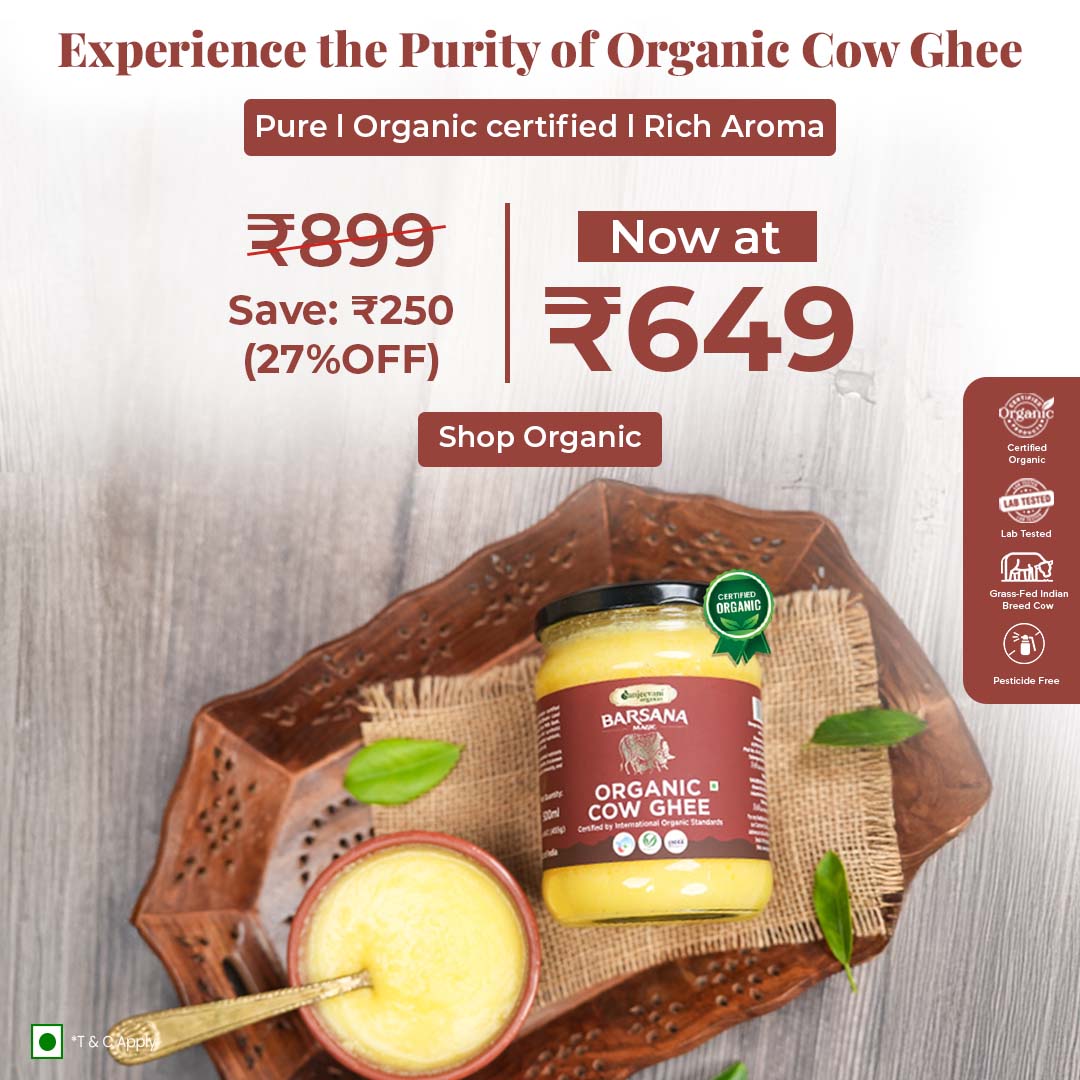 Barsana Magic and Advertisement for organic cow ghee with a jar and bowl on a wooden tray.