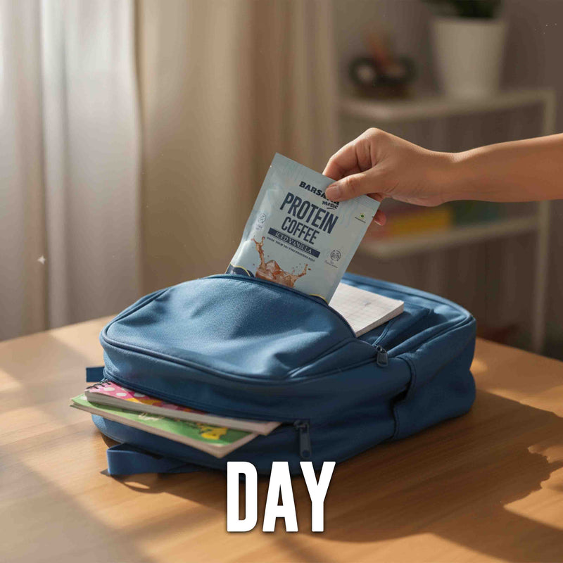 Barsana Magic and Person placing a Protein Coffee package into a blue backpack on a wooden table.