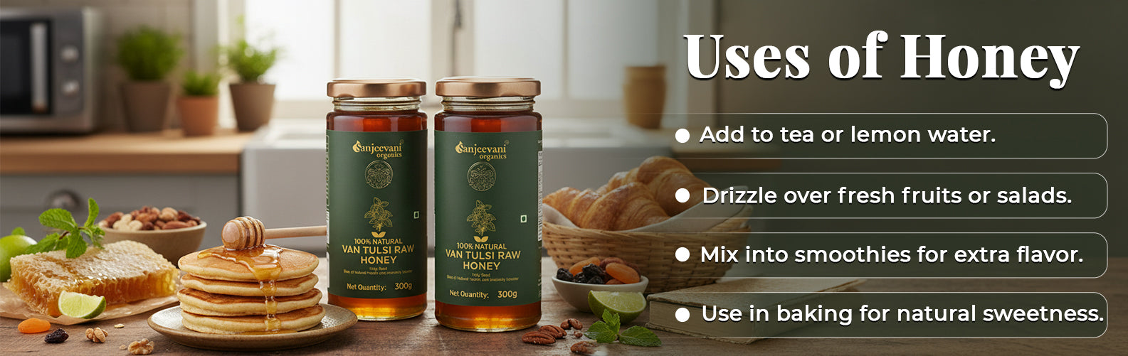 v Two jars of honey on a kitchen counter with text about honey uses.