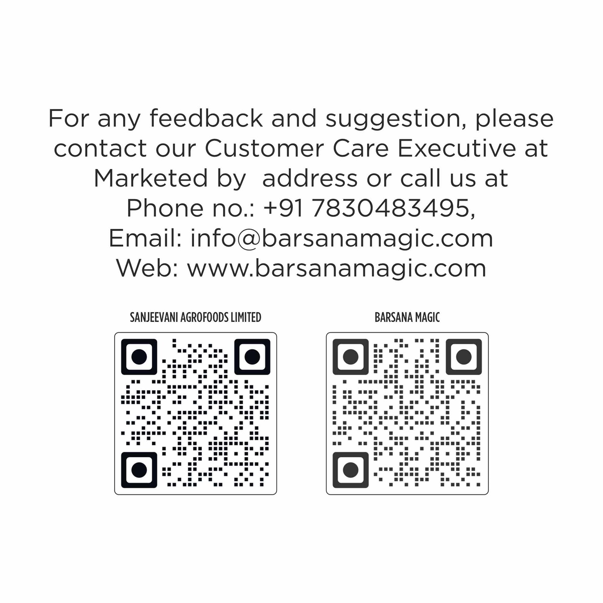 Barsana Magic and Contact information for Customer Care Executive with two QR codes on a white background