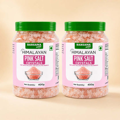 Barsana Magic and Two jars of Barsana Magic Himalayan Pink Salt Crystals, 400g each, displayed side-by-side on a light beige background.