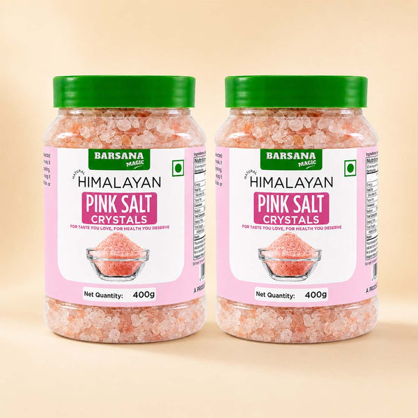 Barsana Magic and Two jars of Barsana Magic Himalayan Pink Salt Crystals, 400g each, displayed side-by-side on a light beige background.