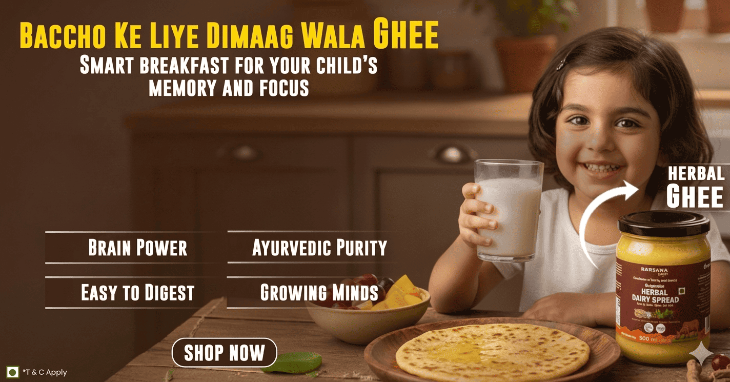 Barsana Magic and Child holding a glass of milk with a jar of ghee, promoting ghee as a smart breakfast for children's memory and focus.