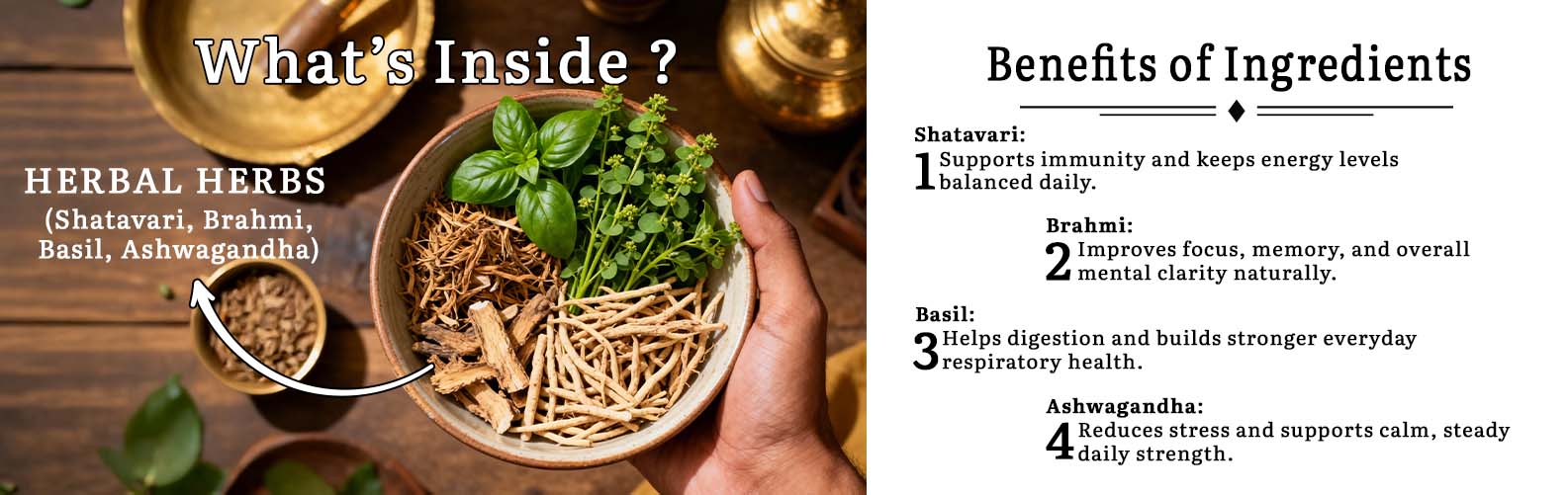 Barsana Magic and Herbal ingredients with a hand holding a bowl on a wooden surface, accompanied by text on benefits.