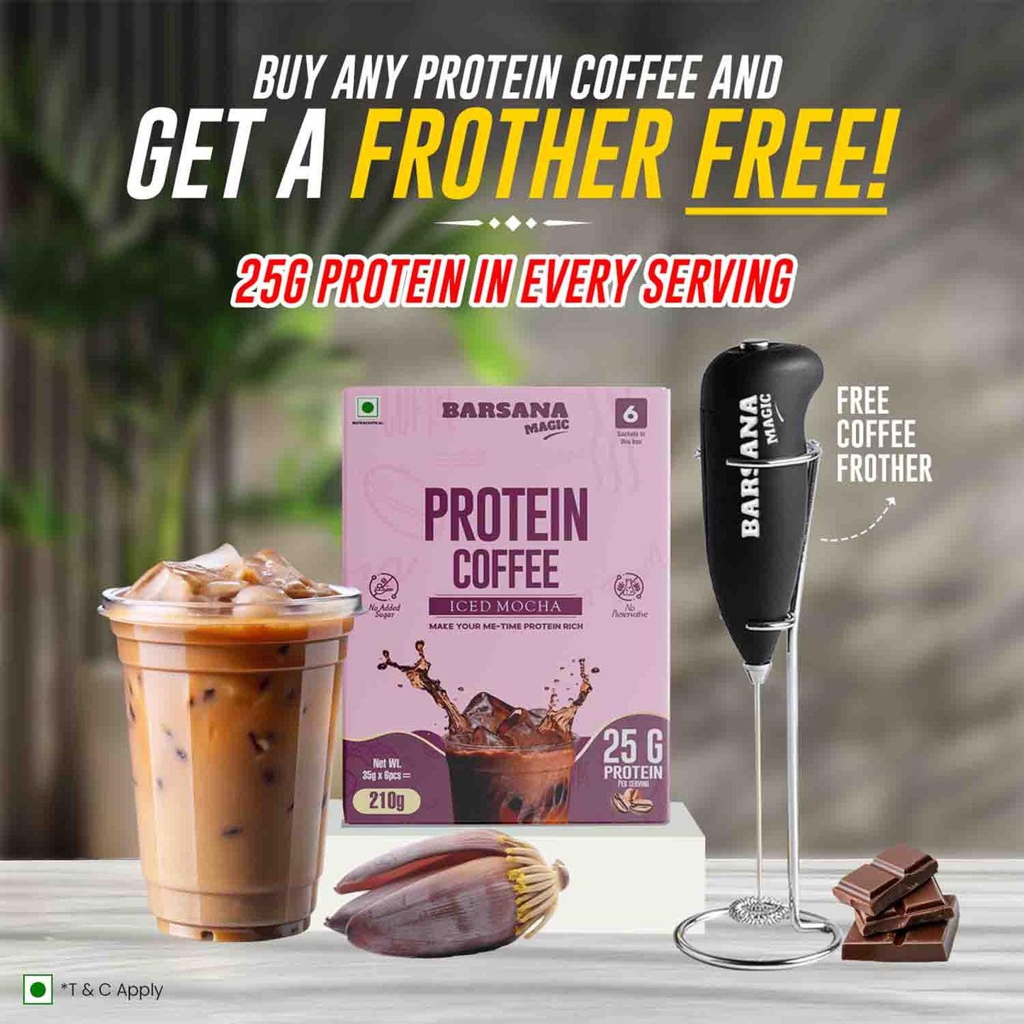 Barsana Magic and  Protein Coffee with a free frother offer on a blurred outdoor background