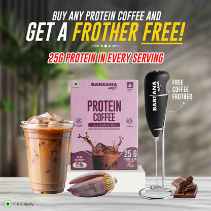 Barsana Magic and  Protein Coffee with a free frother offer on a blurred outdoor background