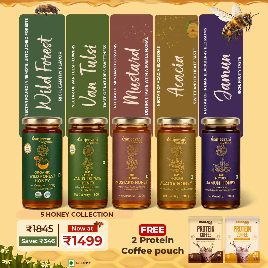 Barsana Magic and Collection of honey jars with labels and promotional text on a beige background