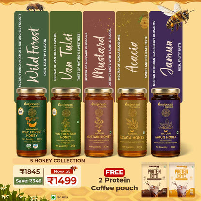 Barsana Magic and Collection of honey jars with labels and promotional text on a beige background
