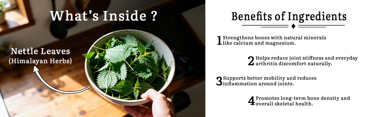 Barsana Magic and Bowl of nettle leaves with a hand holding it, labeled 'Nettle Leaves (Himalayan Herbs)', on a wooden surface.