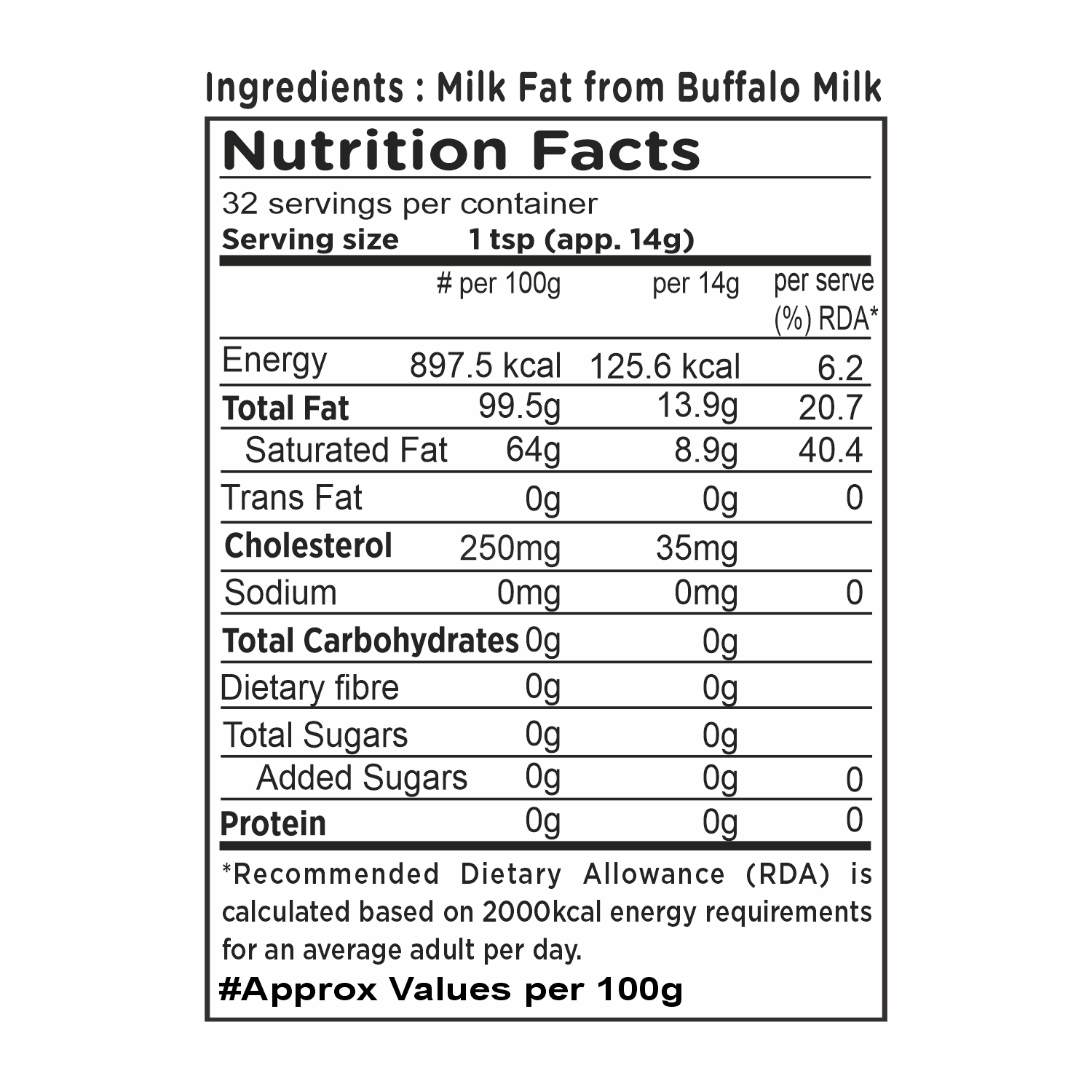 Barsana Magic and Nutrition facts label for milk fat from buffalo milk with serving size, energy, fat, cholesterol, and carbohydrate content.