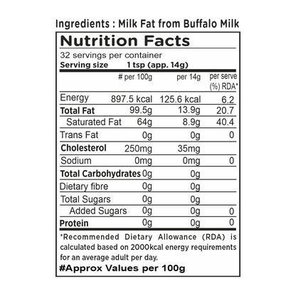 Barsana Magic and Nutrition facts label for milk fat from buffalo milk with serving size, energy, fat, cholesterol, and carbohydrate content.