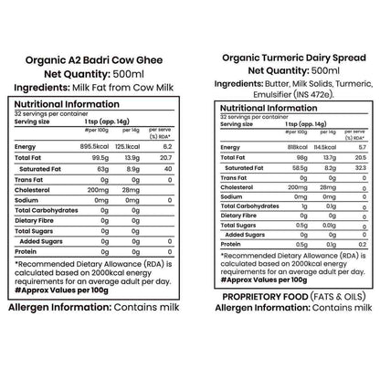 Barsana Magic and Nutritional information and ingredient lists for Organic A2 Badri Cow Ghee and Organic Turmeric Dairy Spread on a white background.