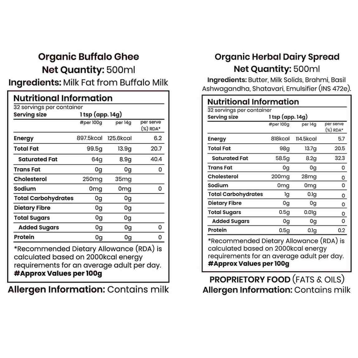 Barsana Magic andv Nutritional information labels for Organic Buffalo Ghee and Organic Herbal Dairy Spread on a white background.