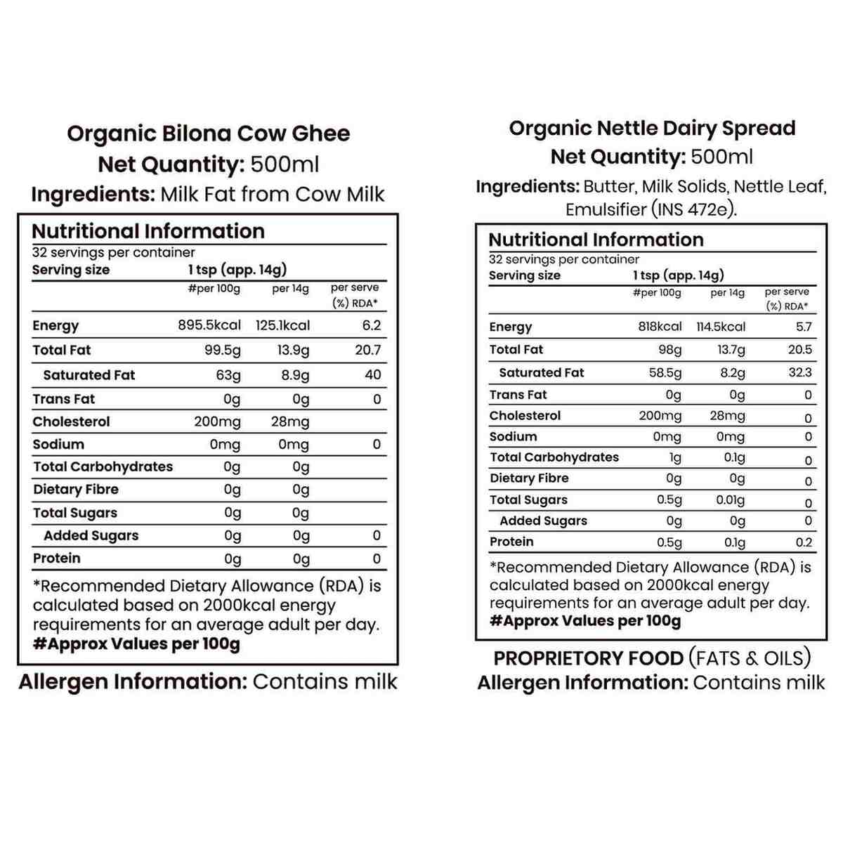 Barsana Magic and Nutritional information and ingredient lists for Organic Biona Cow Ghee and Organic Nettle Dairy Spread on a white background.