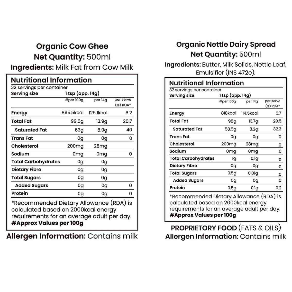 Barsana Magic and  Nutritional information labels for Organic Cow Ghee and Organic Nettle Dairy Spread on a white background.