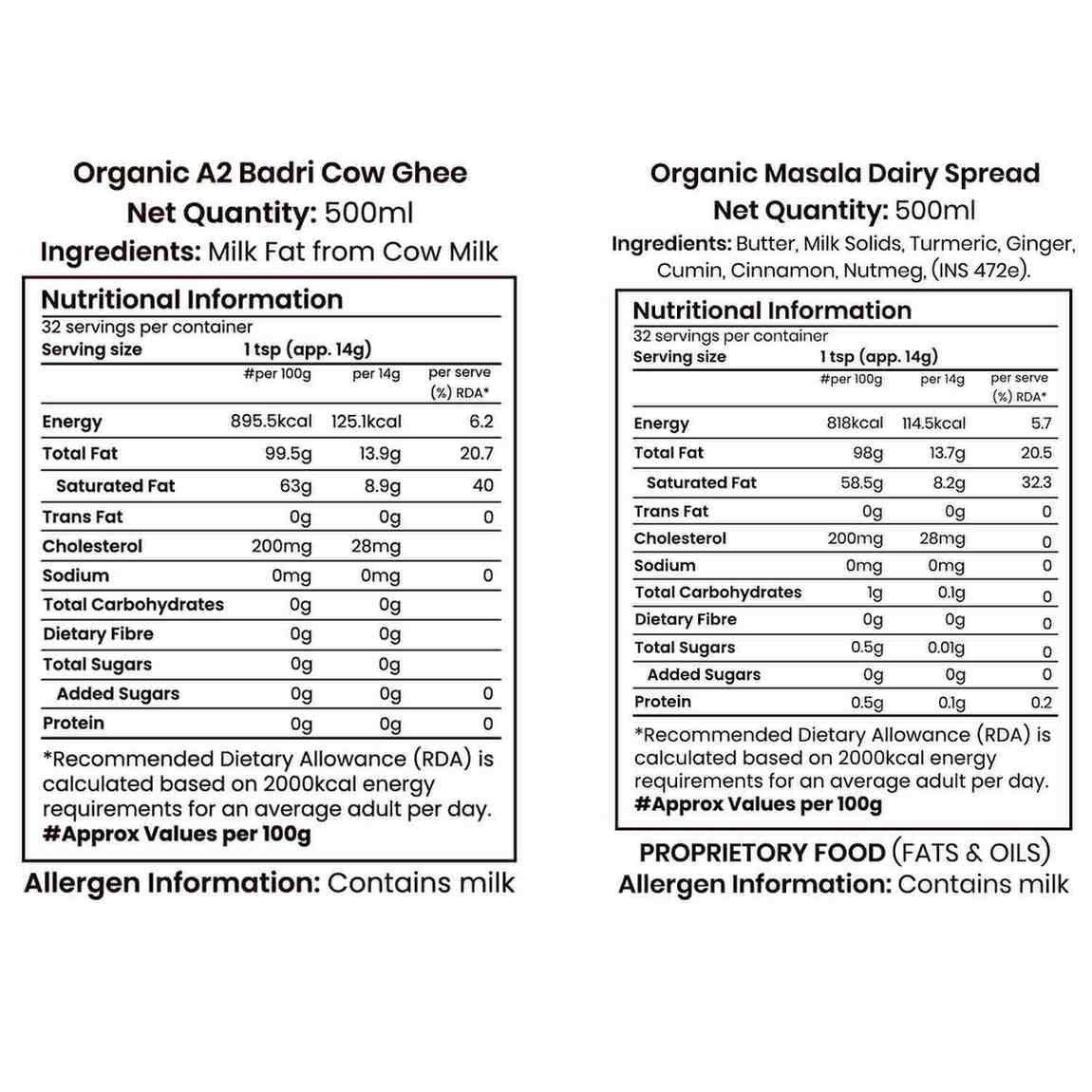 Barsana Magic and Nutritional information labels for Organic A2 Badri Cow Ghee and Organic Masala Dairy Spread on a white background.