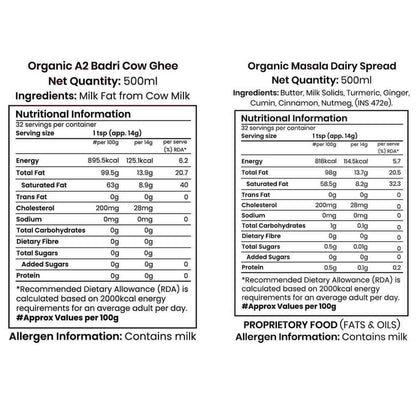 Barsana Magic and Nutritional information labels for Organic A2 Badri Cow Ghee and Organic Masala Dairy Spread on a white background.