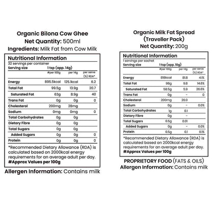 Barsana Magic and Nutritional information labels for Organic Bilona Cow Ghee and Organic Milk Fat Spread on a white background.