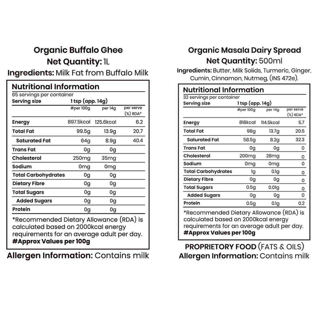 Barsana Magic and Nutritional information labels for Organic Buffalo Ghee and Organic Masala Dairy Spread on a white background.