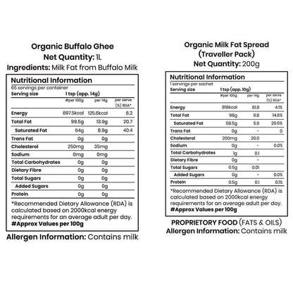 Barsana Magic and Nutritional information labels for Organic Buffalo Ghee and Organic Milk Fat Spread on a white background.