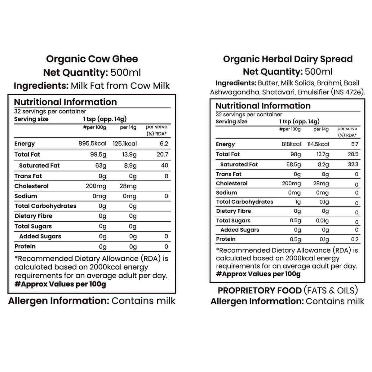 Barsana Magic and Nutritional information labels for Organic Cow Ghee and Organic Herbal Dairy Spread on a white background.