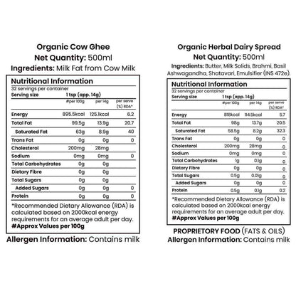 Barsana Magic and Nutritional information labels for Organic Cow Ghee and Organic Herbal Dairy Spread on a white background.