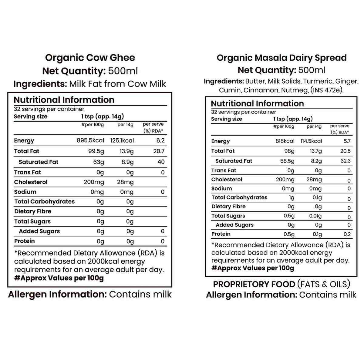 Barsana Magic and Nutritional information and ingredient lists for Organic Cow Ghee and Organic Masala Dairy Spread on a white background.