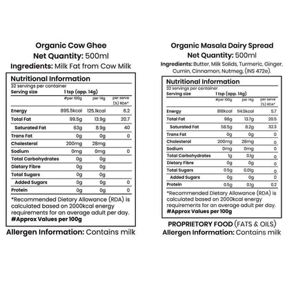 Barsana Magic and Nutritional information and ingredient lists for Organic Cow Ghee and Organic Masala Dairy Spread on a white background.
