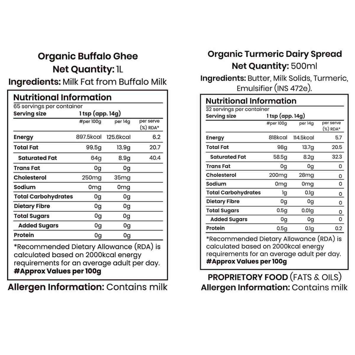 Barsana Magic and Nutritional information labels for Organic Buffalo Ghee and Organic Turmeric Dairy Spread on a white background.