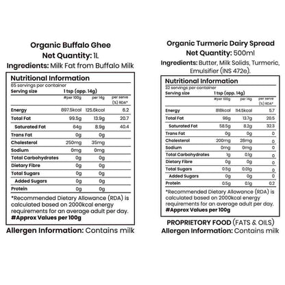 Barsana Magic and Nutritional information labels for Organic Buffalo Ghee and Organic Turmeric Dairy Spread on a white background.